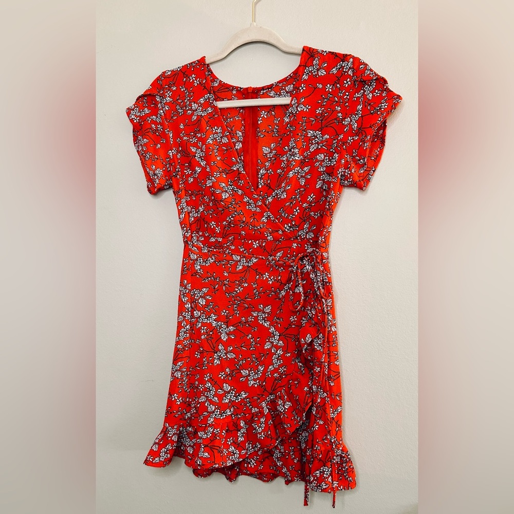 Small red floral mini wrap dress